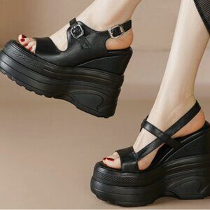 16cm High Heel Sandals Women Leather Platform Wedge Gladiator Open